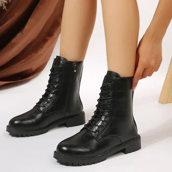 Sapatos para as Mulheres 2023 Moda Tornozelo Botas femininas Clássicos Modernos Botas de Mulheres Laço na Lateral do Zíper Rodada Toe Salto Baixo de Sapatos de Senhoras
