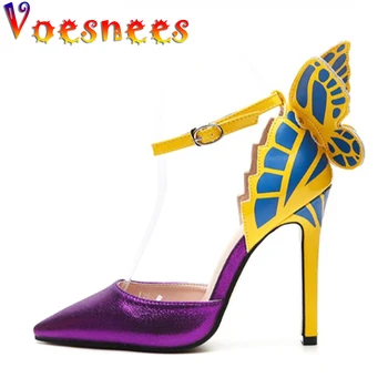 Voesnees 2021 Popular Sapatos femininos Novas Cores Misturadas Pontiagudo Dedo do pé Sandálias de Salto Fino Salto Alto 11,5 cm Modelo Feminino Passarela Calçados