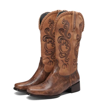 BLXQPYT Botas de Cowboy Preto Faux Couro Sapatos de Inverno Retro Homens Mulheres Botas de Bordado Ocidental Unisex Calçados em Tamanho Grande 0492