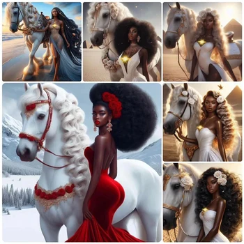 Mulher africana e Cavalo Branco 5D DIY Diamante Pintura, Ponto Cruz Kits de Fantasia Retrato de Diamante Mosaico, Bordado a Decoração Home
