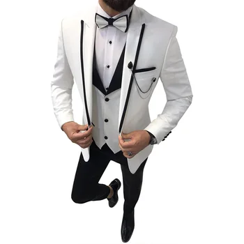 Homens Pedaço de 3 Slim Fit Blazer Terno+Colete+Calça de Lapela empresa de Lazer Terno Masculino Para Padrinhos Smoking Formal, Festa de Casamento Vestido