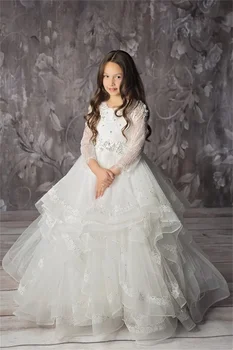 Vestido da Menina de flor Branca Fofo em Camadas de Tule de Renda Frisado Casamento Elegante Flor Filho do Primeiro Eucarística Vestido de Festa de Aniversário