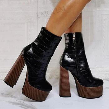 SEIIHEM Mulheres Ankle Boots Dedo do pé Redondo Plataforma Zip Chunky Salto Alto Curto Botas de Senhoras Sapatos de Mulher Plus Size 36 40 44 45 47