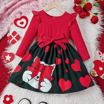 Crianças de Meninas de Moda de Vestido Vermelho Longo Mangas Amor Imprime Saia com Cinto de Festa de Aniversário de Vestir Roupas de Outono para a Menina 1-5 Anos