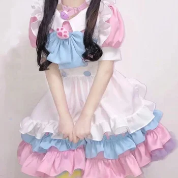 Kawaii Lolita Anime Empregada Roupa Cor-De-Rosa + Azul Cosplay De Limpeza Roupa Lolita Saia Do Traje Bonito Japonês Cosplay Fantasia Anime Roupa