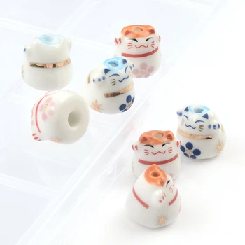 13mm/12mm Impressão de Porcelana Pintada a Sorte do Gato de Cerâmica Miçangas Para Fazer Jóias Colar Pulseira Pingente Acessórios