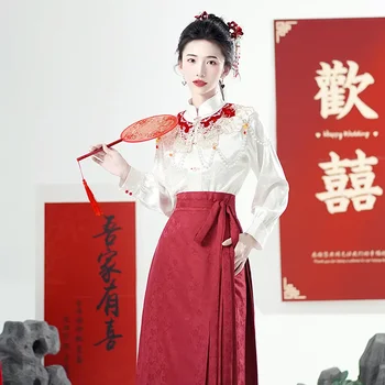 Ming Hanfu Ano Novo Chinês Vestido Vermelho Estilo Moderno Bordado De Aeronaves Mangas Suburbano Cara De Cavalo Saia De Trabalho Diário Roupas