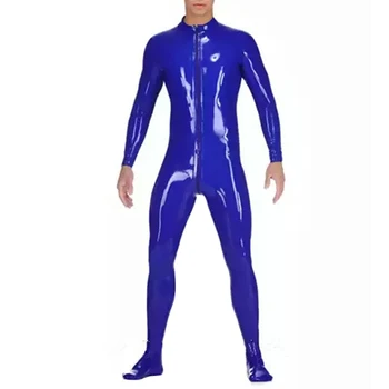 Látex Mens de Borracha, Macacão Azul Escuro Geral Bodysuit Bainha com Meias Trajes Macacão de Roupas feitas à mão S-LCM089