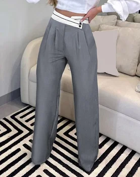 Mulheres de Calças de 2023 Moda Primavera Contraste com Painéis de Sobreposição Elegante Ruched Longa de Cintura Alta Ampla Pernas Longas Calças de Trabalho de Streetwear