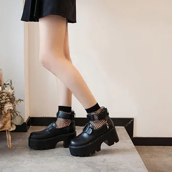 Lolita Gótica Cabeça Redonda Mary Jane Shoes Japonês Garota da Faculdade JK Uniforme PU Leatehr Plataforma Pulseira Impermeável Sapatos Pretos