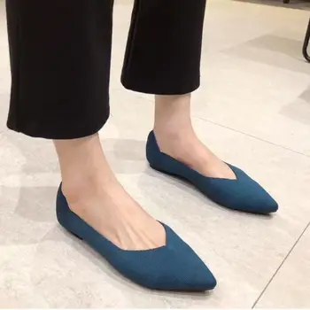 A primavera e o Outono sapatilha de Moda de Lazer das Mulheres de Flats Dedo Apontado Tricô Tecido Elástico Senhoras Confortável Boutique de Sapatos