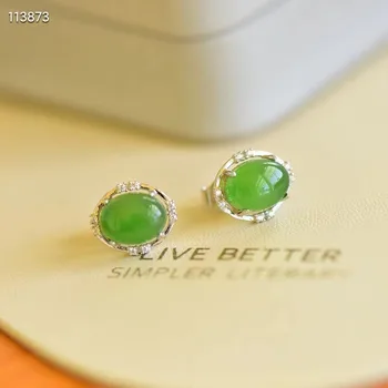Natural 100% real 925 Brincos de prata esterlina mosaico verde hetian jade oval esferas de moda temperamento mulheres brincos de presente