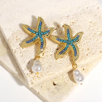 Bohemia Peixes Estrelas Brincos Gota Pérola Azul Dangle Brincos de Strass para as Mulheres Estrela-do-mar de Jóias de Férias de Verão da Praia de Presentes
