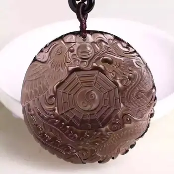 Natural De Gelo Obsidiana Esculpida Chinês Enfrentou BaGua Sorte Amuleto Pingente + Grátis Colar De Cristal Da Forma De Jóias De Moda