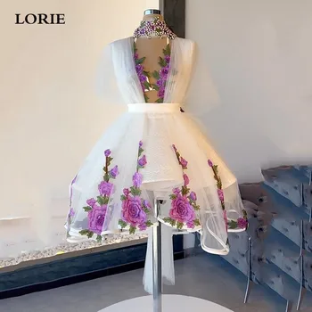 LORIE Curto Branco de Vestidos de Baile de Uma Linha de Florais 3D de Bordado de Pérolas de Alta Pescoço Vestido de Festa Mini Festa de Formatura com Vestidos de 2023