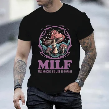 Verão Vintage T-shirt masculina Streetshirt MILF Cogumelos eu-Gosta De Forragem Engraçado Cogumelos T-shirt para Homens, Roupas de Manga Curta