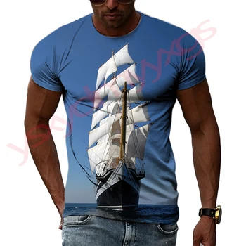 Verão Maré Veleiro Imagem de Homens, Camisetas Casuais Impressão 3D Tees Hip Hop Personalidade Gola Redonda, Manga Curta, Rápida Seco Tops