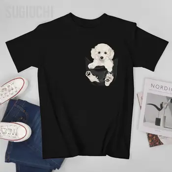 Unisex Homens Amantes De Cães Presentes Poodle Branco No Bolso Engraçado Cara De Cão Camiseta Camisetas T-Shirts Mulheres, Meninos 100% Do Algodão Do T-Shirt