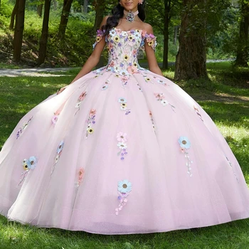 Pink Princess Fora do Ombro Vestidos de Quinceanera 2024 3D Floral Vestido de baile Sweet 16 Vestido de Vestidos De 15 Anos Quinceañera Pagea