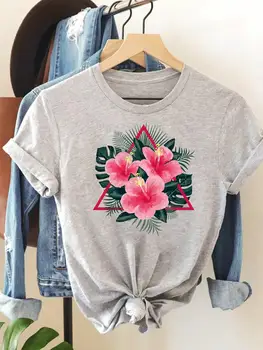 A moda de Roupas de Manga Curta Flor Geométrica de 90 Tendência Bonito Casual T-shirts T Roupas de Impressão Mulheres do sexo Feminino de Verão Tee Gráfico