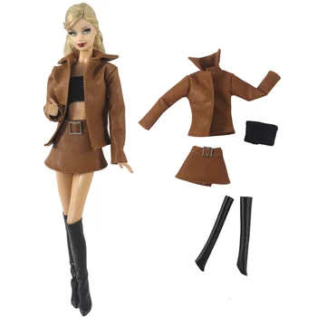 De couro marrom roupas / top + casaco + saia + botas / roupas de outono vestir roupa de 30cm Xinyi FR ST Boneca Barbie / brinquedo de menina