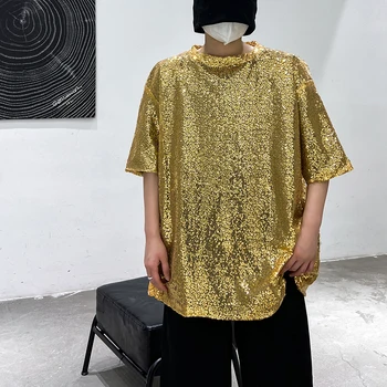 Solta Luxo De Ouro Lantejoulas Elegante T-Shirts Para Homens Hip Hop Dança Oversize Traje Coreano De Moda De Topo Roupas Incomuns
