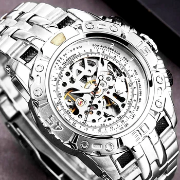 Luxo Prata Ouro Relógio Mecânico Automático para os Homens Completo Esqueleto de Aço relógio de Pulso Relógio de Tamanho Grande Dial Relógio Masculino
