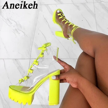 Aneikeh 2024 Transparente do PVC Cruz-Amarrado Modernas Sandálias das Mulheres Sola Grossa Super Salto Alto Striptease de Pole Dance Zapatos 36-42