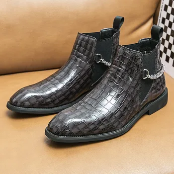 Designer Cadeia Chelsea Boots Homens Escorregar No Topo Alto Sapatos De Couro De Negócios Formal Botas Para Homens Confortável Homens Classic Botas 2024