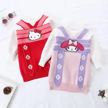 Hello Kitty Sanrio Crianças Algodão Vestido Bonito da Minha Melodia Meninas Outono Inverno Fake Dois Pedaço da Malha Camisola dos desenhos animados de Roupas para Crianças