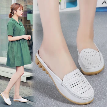 Verão De Couro Chinelos De Moda Simples Bao Metade Da Cabeça Chinelos De Quarto Home Versão Em Coreano Preguiçoso Sapatos Respirável Casual