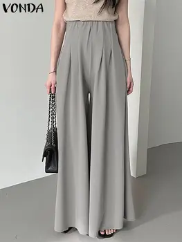 2023 Elegantes Calças Mulheres de Perna Larga Calças Moda Cintura Alta Calças compridas VONDA Casual de Pregas Soltas OL Streetwear Bottms