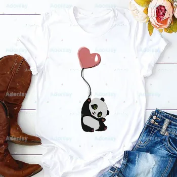 A Panda Animal Cartoon Elegante Kawaii Mulher De Impressão Harajuku Verão, Camisetas Casuais, Pescoço Curto Sup Top T-Shirt,O Navio Da Gota