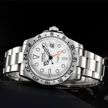 Moda Parnis 40mm Prata Caso Automáticos Mecânicos Homens Relógios Calendário GMT Laranja Luminoso do Relógio Para Homens reloj hombre 2023