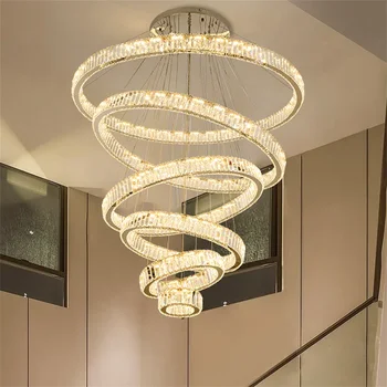 Moderno E Luxuoso Lustre De Cristal Do Círculo Anéis Escadaria Sala De Estar Decoração De Teto Led De Iluminação