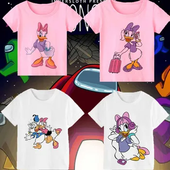 Branco, cor-de-Rosa Disney Bonito dos desenhos animados de Pato Donald Verão Crianças Topo Kawaii Roupas de Crianças Meninas Menino Roupas em torno do Pescoço T-shirt de Impressão
