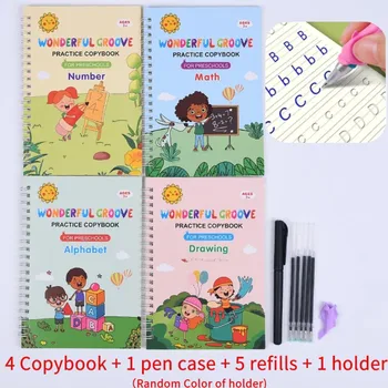 Inglês Copybook Definido para as Crianças com a Caneta Mágica, 4 Cadernos, 1 Caneta Caso, 5 Recargas, e 1 Titular, inglês Livro de Exercícios com Alpha