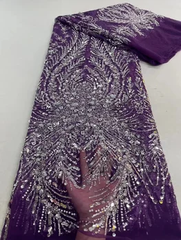Luxo Rosa de Lantejoulas Tecido do Laço Com Pérolas Africanas Renda, Bordados, Tecidos Para o Vestido de Festa de Casamento Frisada Lace Tulle 5Yard