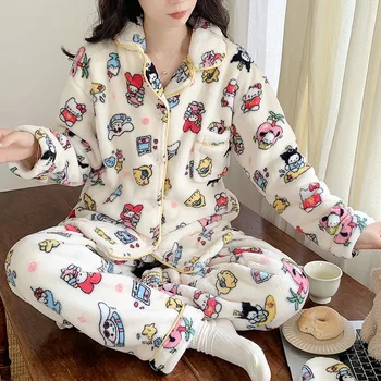 Novo Sanrio Hello Kitty Pijama Anime Cartoon Pochacco Cinnamoroll Doce Menina De Inverno, Além De Veludo Aluno De Duas Peças De Conjunto De Loungewear