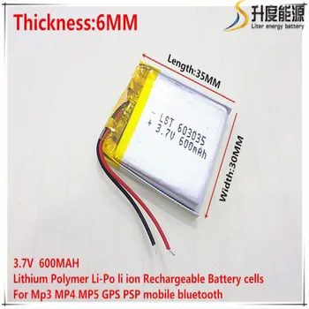 3,7 V 600mAh 603035 de Polímero de Lítio Li-Po li Bateria Recarregável de íon de células Para Mp3 MP4 MP5 móvel de GPS bluetooth